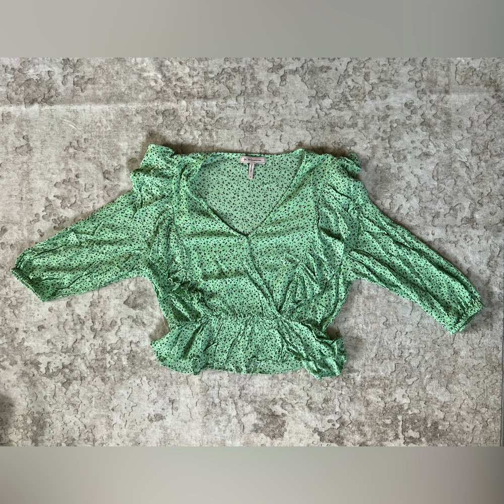 BCBGeneration Green Puff Sleeve Peplum Blouse